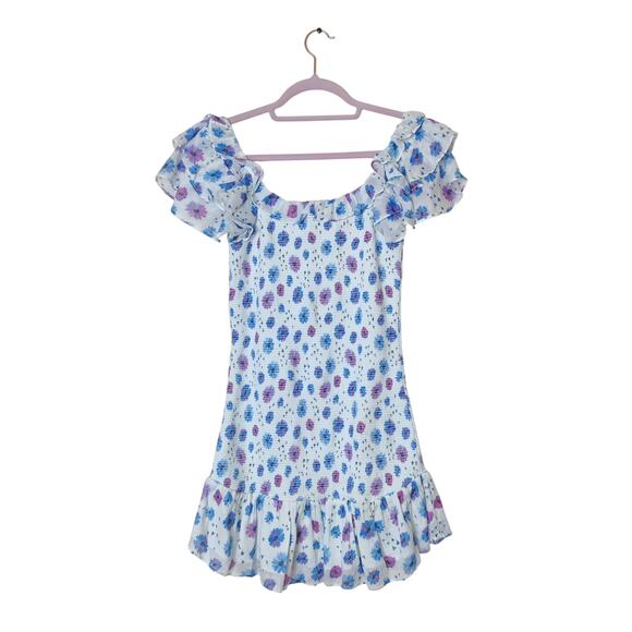 LoveShackFancy Smocked Kodie Mini Dress Purple Blue Floral Ruffle Sleeve Small - Picture 5 of 15